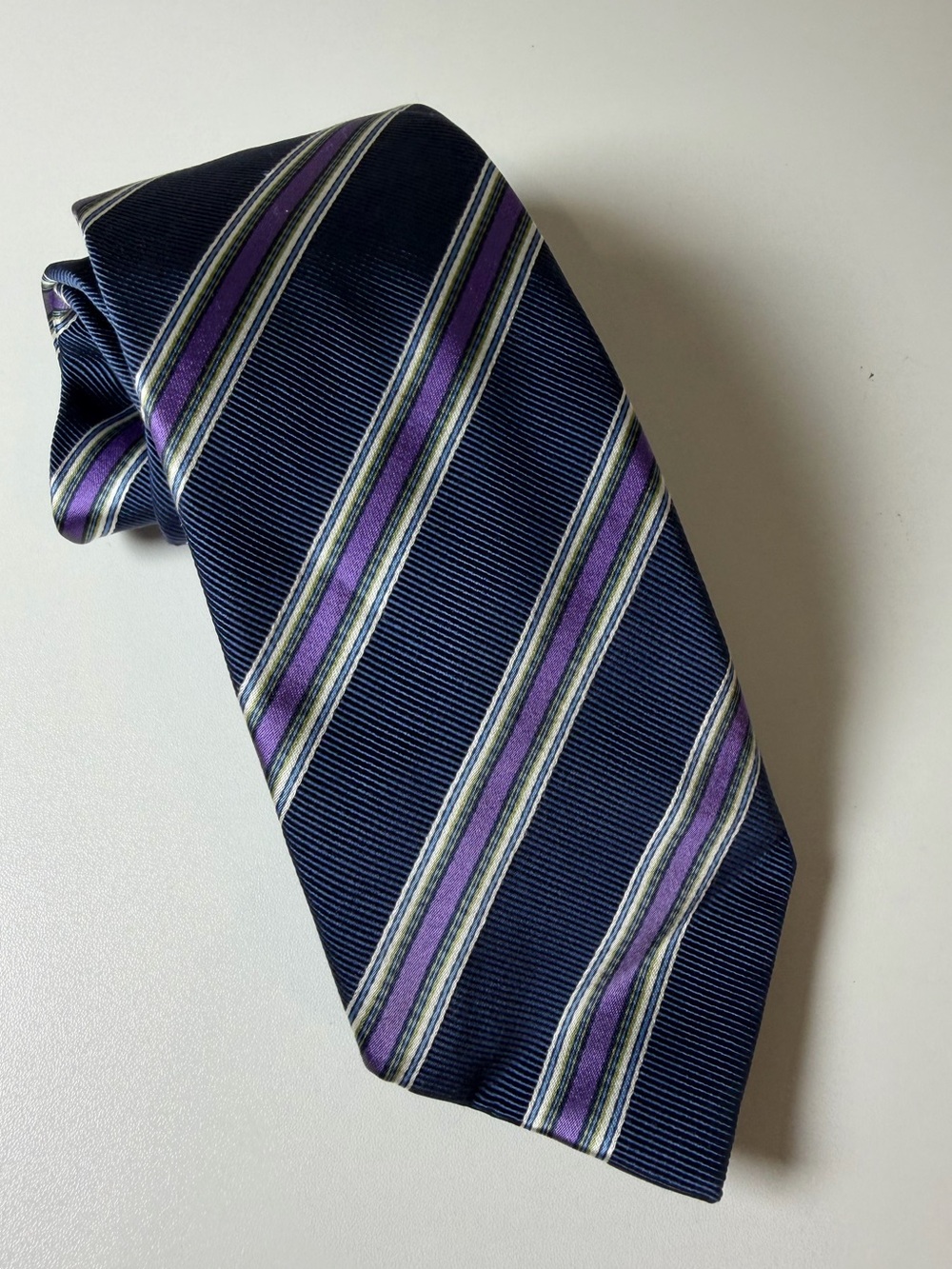 David Donahue Woven in Italy Made in USA Navy Tie with Purple and Silver Stripes